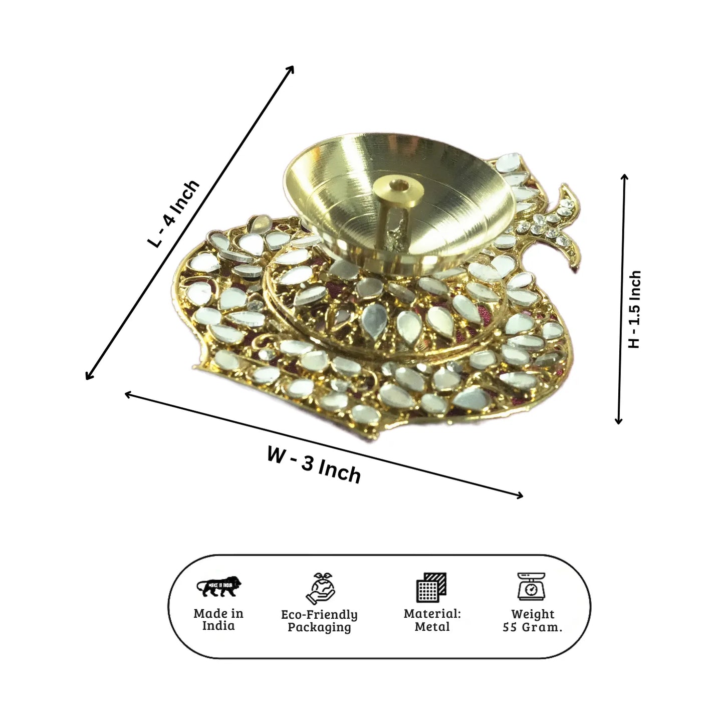 Decorative brass diya with measurements on a white background