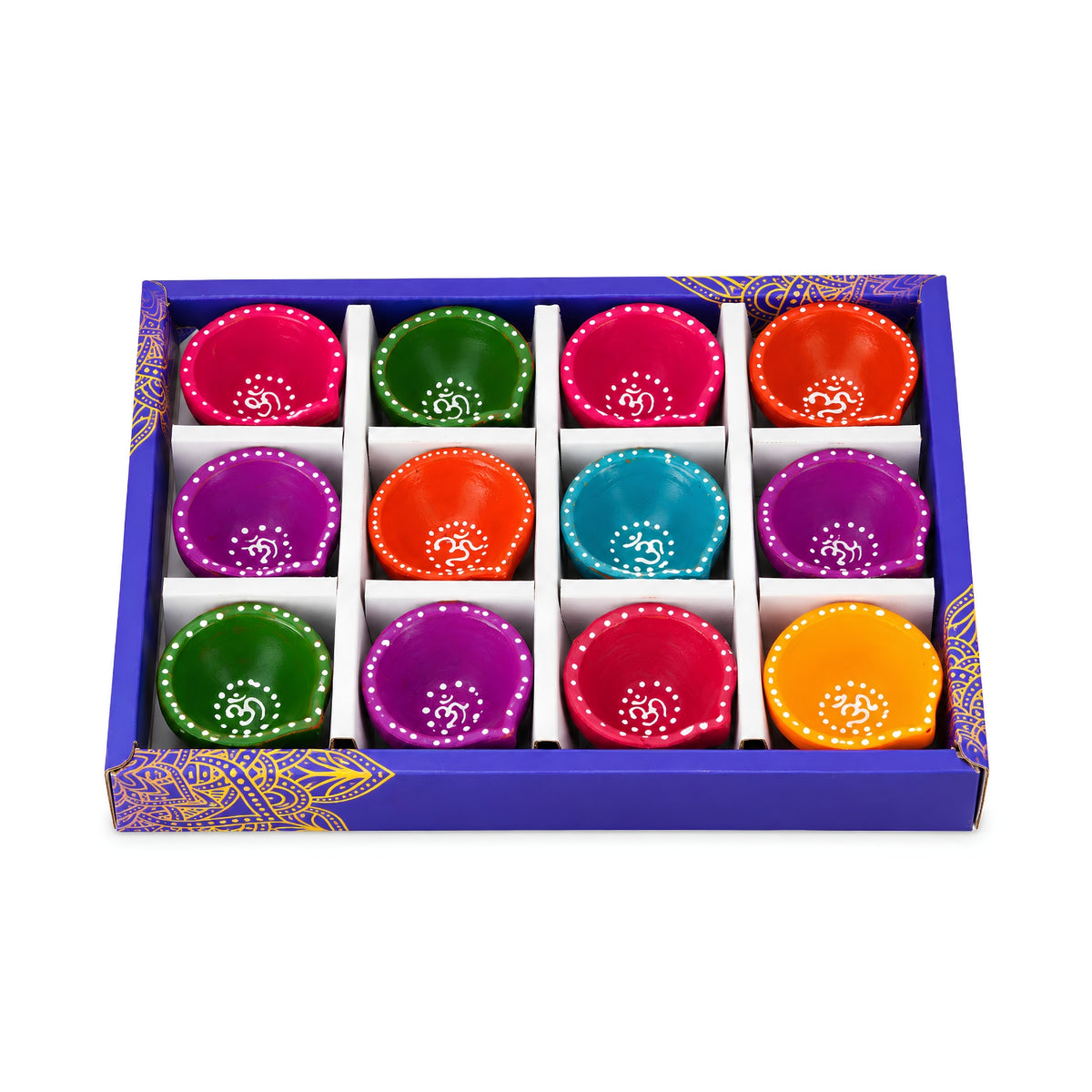 Hand-Painted Clay Fancy Om Diya Set of 12 β Decorative Traditional Diyas for Diwali, Pooja, Home Decor & Festive Gifting