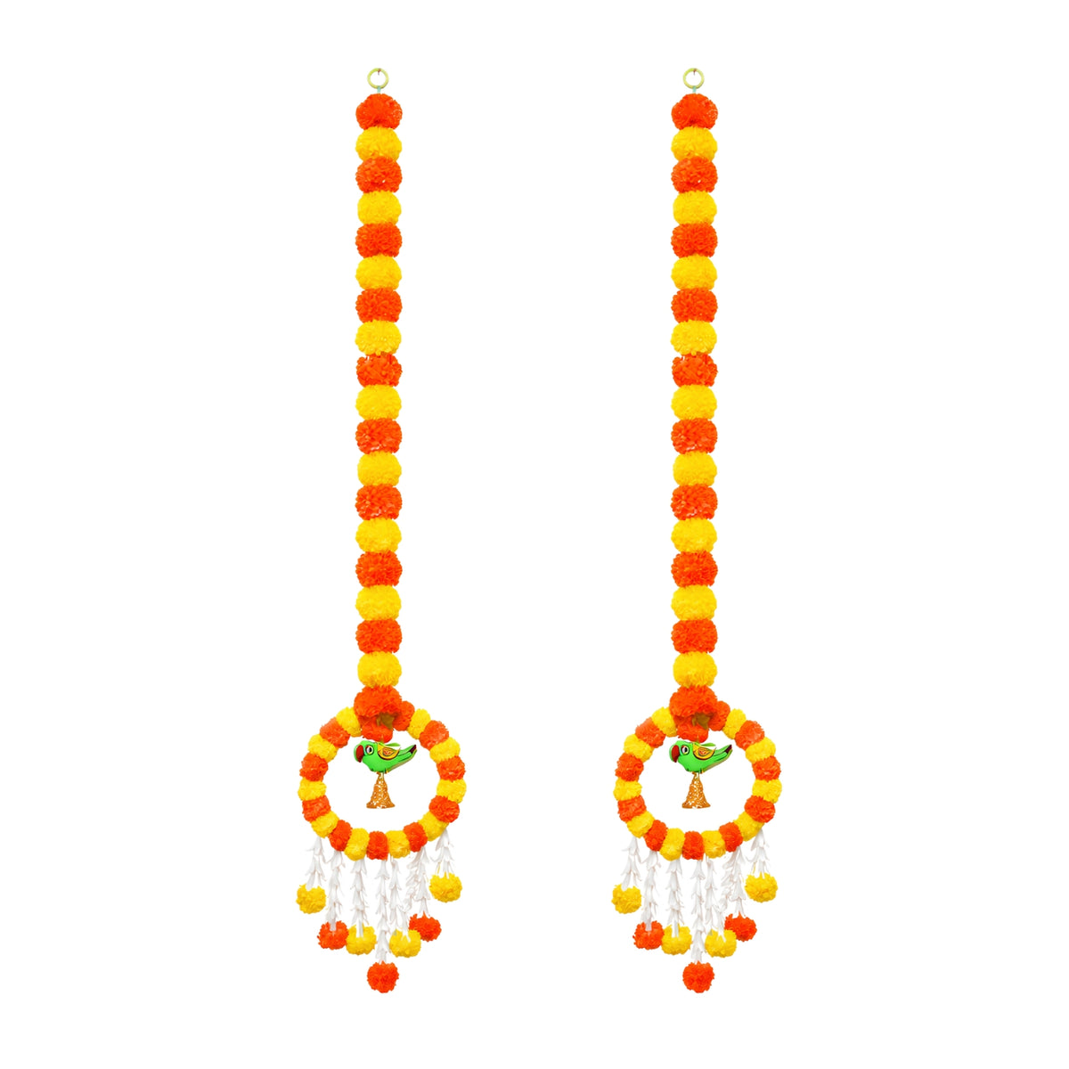 Upharkaro Decorative Marigold Flower Hanging Latkan with Parrot Design – 6 Feet, Set of 2 | Orange & Yellow Traditional Door & Wall Hanging for Diwali, Wedding & Festive Decor