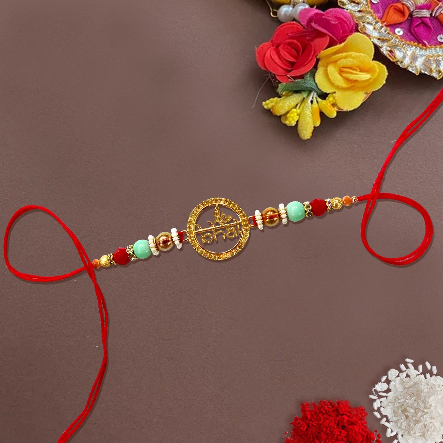 A Stunning Golden Rakhi for Brother by Upharkaro - Handcrafted Rakhi, Premium Rakhi Design