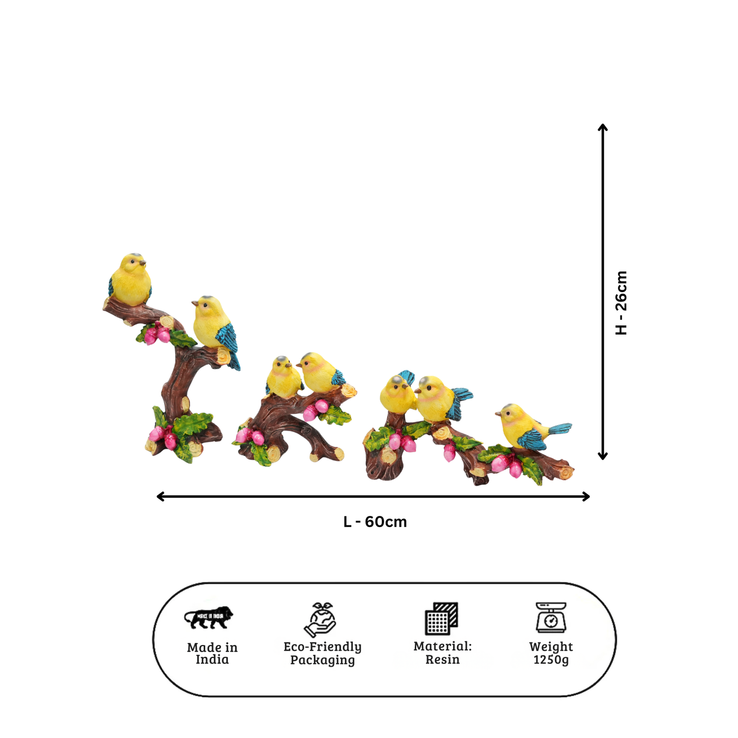 Upharkaro Premium Yellow Sparrow Birds on Branch Set of 3 | Decorative Resin Birds for Home & Garden Decor By Upharkaro
