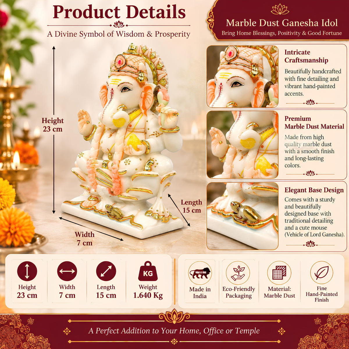 Marble Dust Lotus Ganesh Idol for Home Decor | 9 - Inch Vinayaka Statue | Decorative Ganesha Idol for Pooja Room, Mandir, Diwali, Housewarming Gift & Spiritual Decor (White Marble Look)