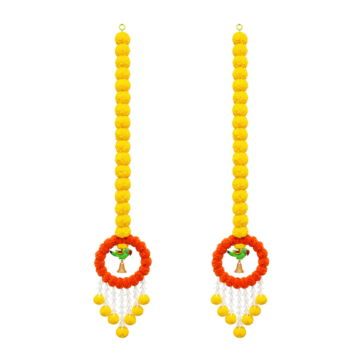 Upharkaro Decorative Marigold Flower Hanging Latkan with Parrot Design – 6 Feet, Set of 2 | Orange & Yellow Traditional Door & Wall Hanging for Diwali, Wedding & Festive Decor
