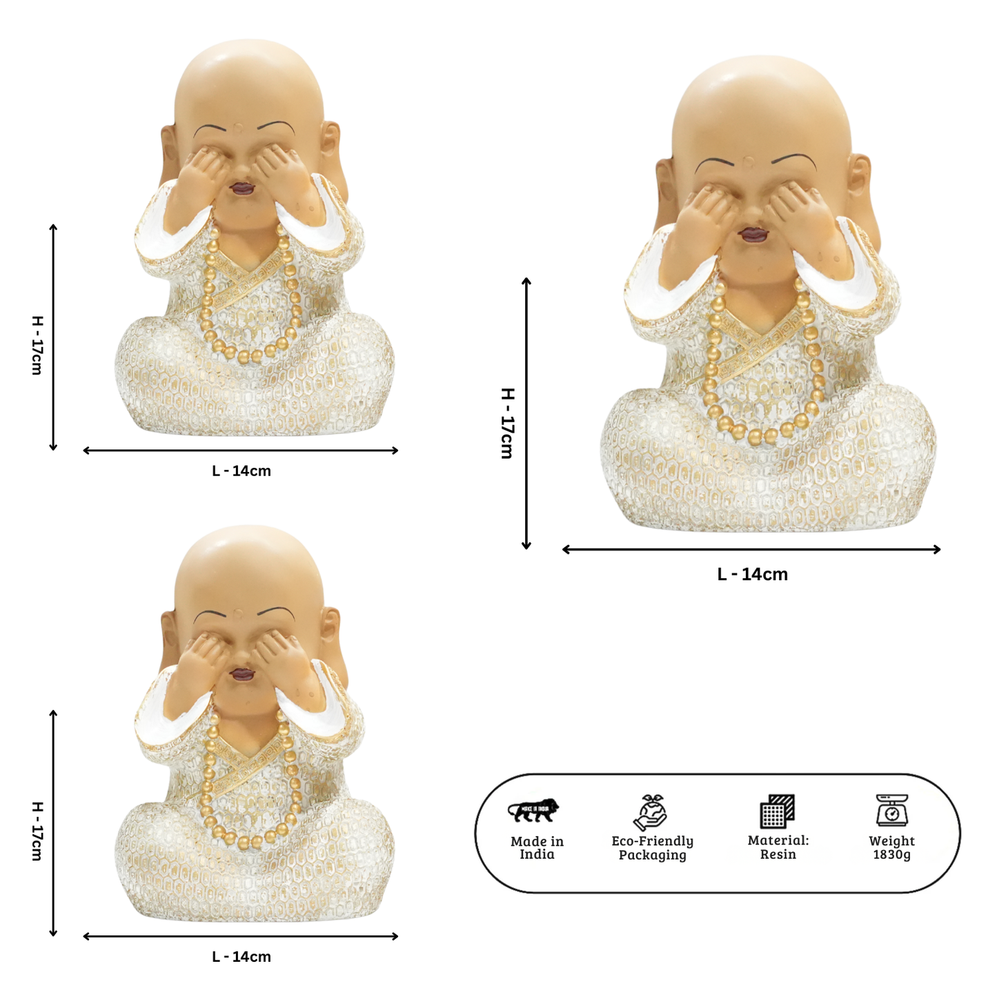 Upharkaro Mini Buddha Monk Statue Set of 3 | Cute Wise Monk Figurines for Home & Office Decor By Upharkaro