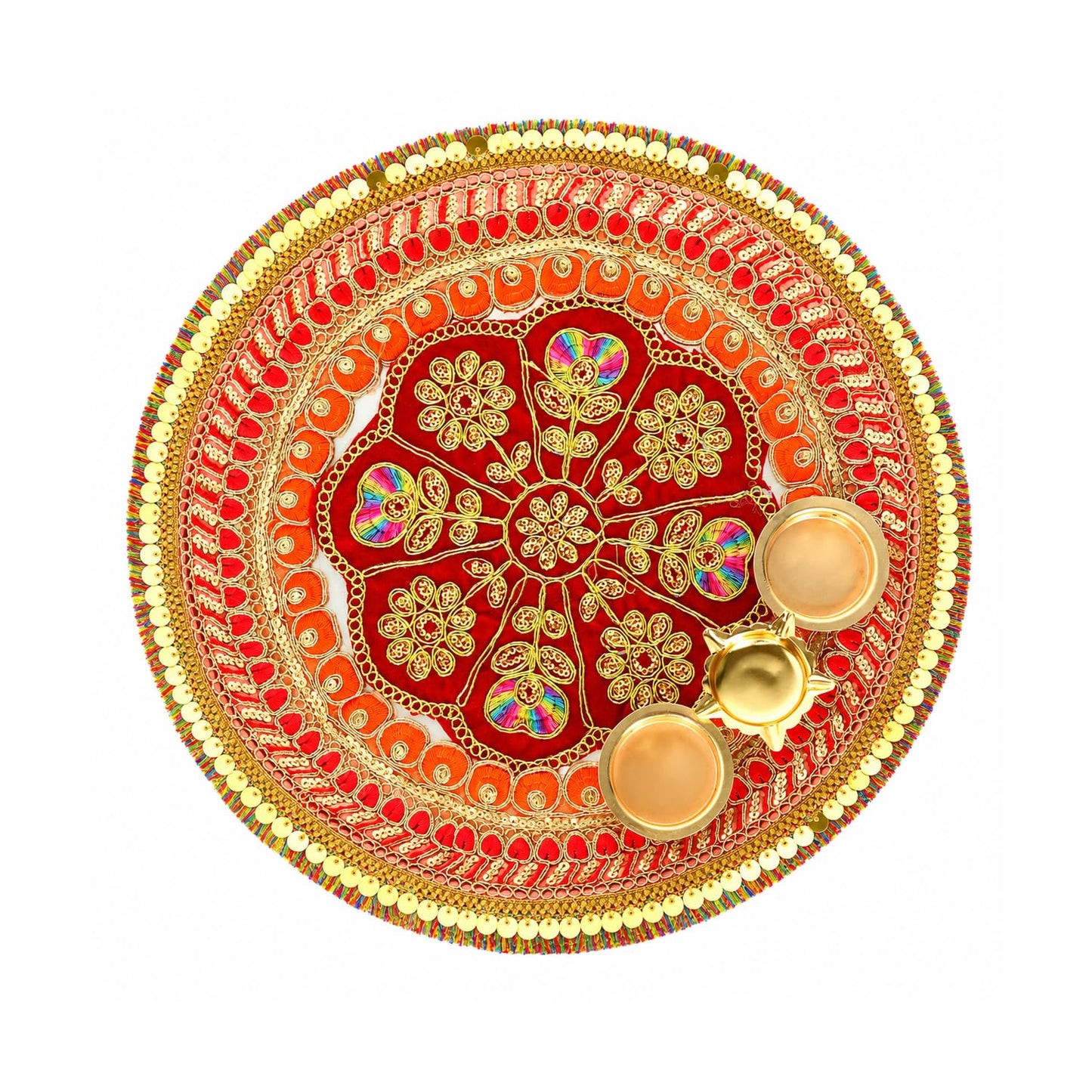 Traditional Red Velvet Decorative Pooja Thali 12 Inch with Golden Work Perfect for Festivals & Gifting By Upharkaro