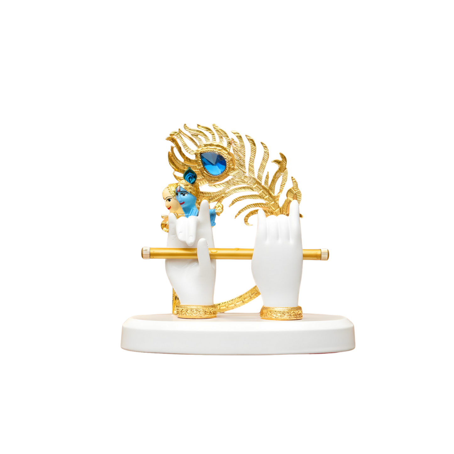 Upharkaro Gold Plated Lord Krishna Hands Idol with Face – Flute & Peacock Feather Spiritual Decor for Pooja & Home Decor Statue