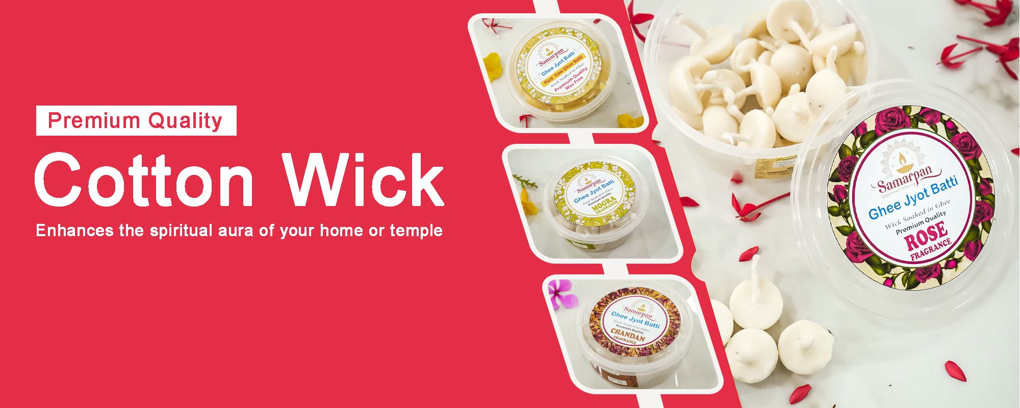 Cotton wick products with a red background and text about premium quality cotton wick.