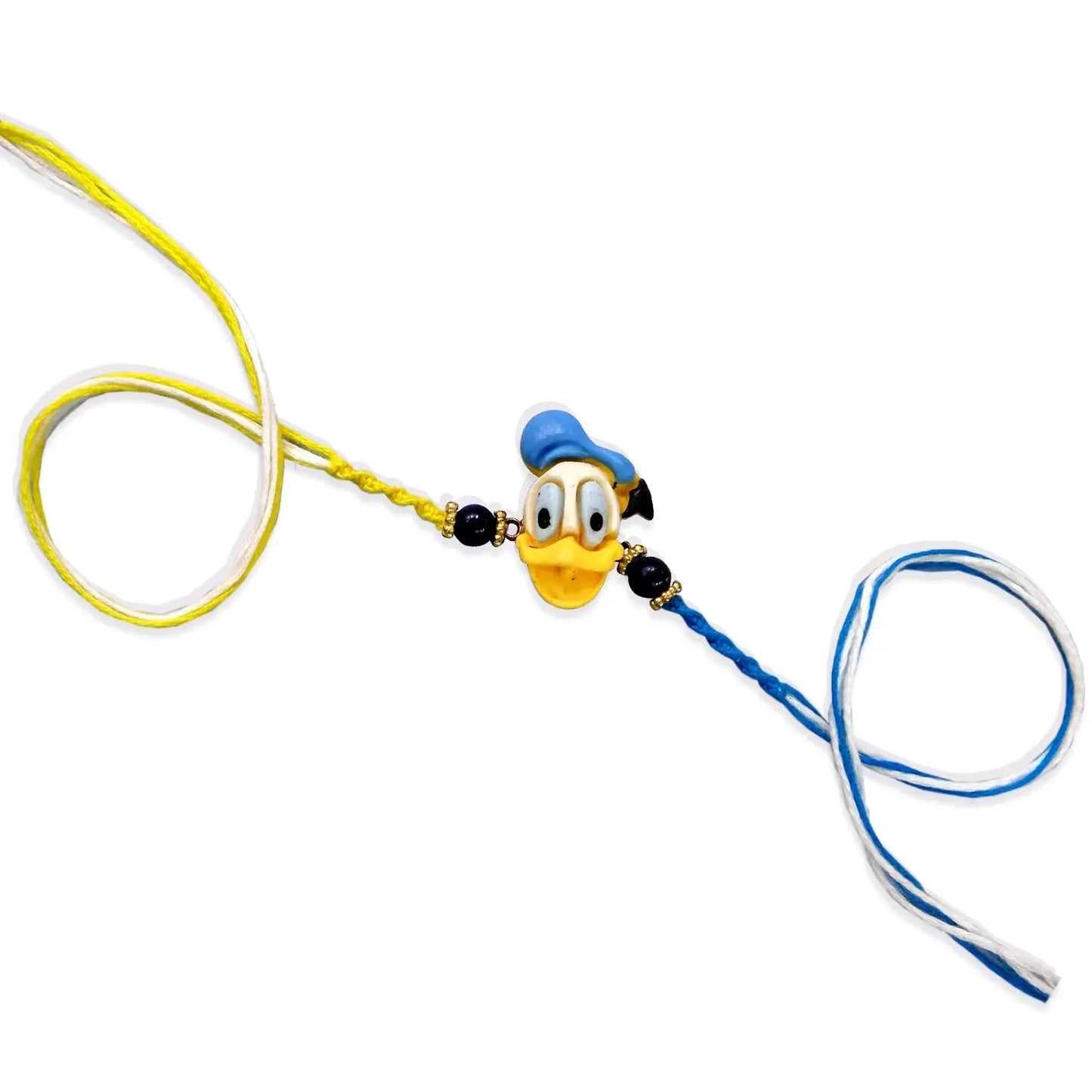 Cartoon character charm on a yellow and blue cord against a white background