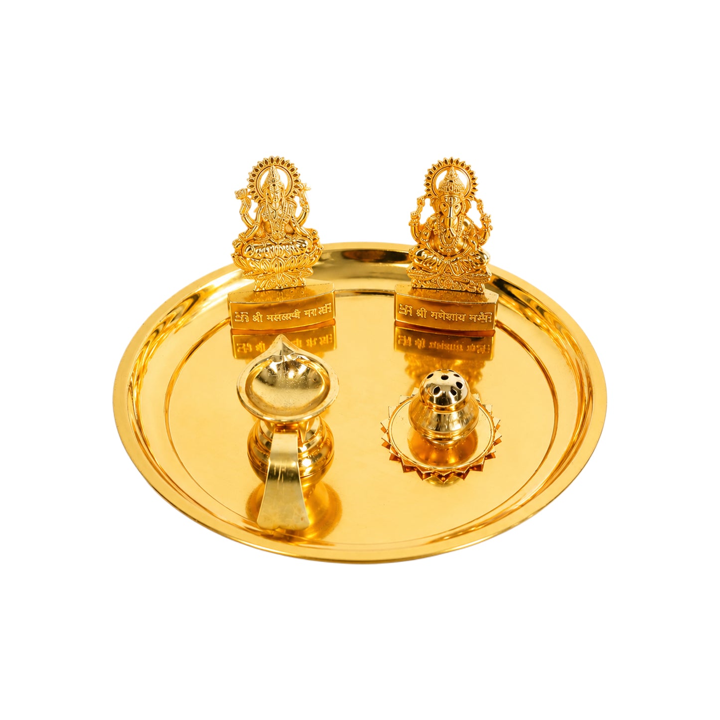 Premium Brass Polish Pooja Thali Set with Lakshmi Ganesh Idol, Brass Diya & Agarbatti Holder for Home Temple & Diwali, Navratri, Housewarming & Wedding Gift | Brass Diya Included, Agarbatti Holder, Home Temple Use, Diwali & Navratri, Housewarming Gift