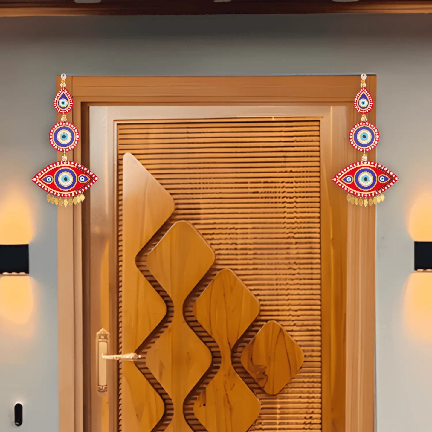 Decorative wooden door with intricate carvings and hanging earrings on a neutral background