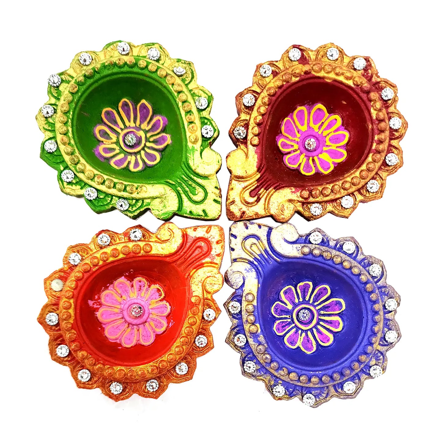 Four colorful decorative items with floral designs on a white background