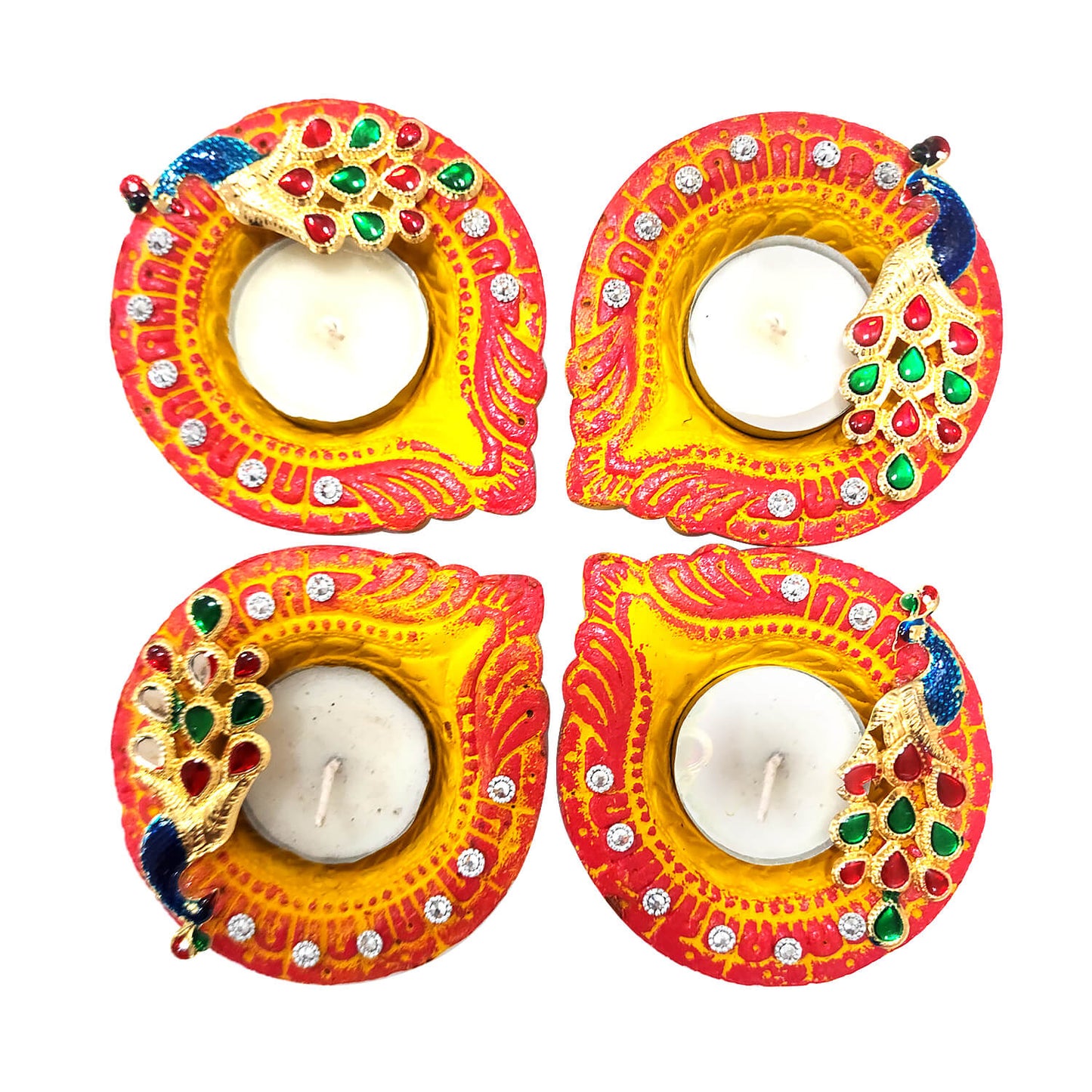 Four colorful candle holders with peacock designs on a white background
