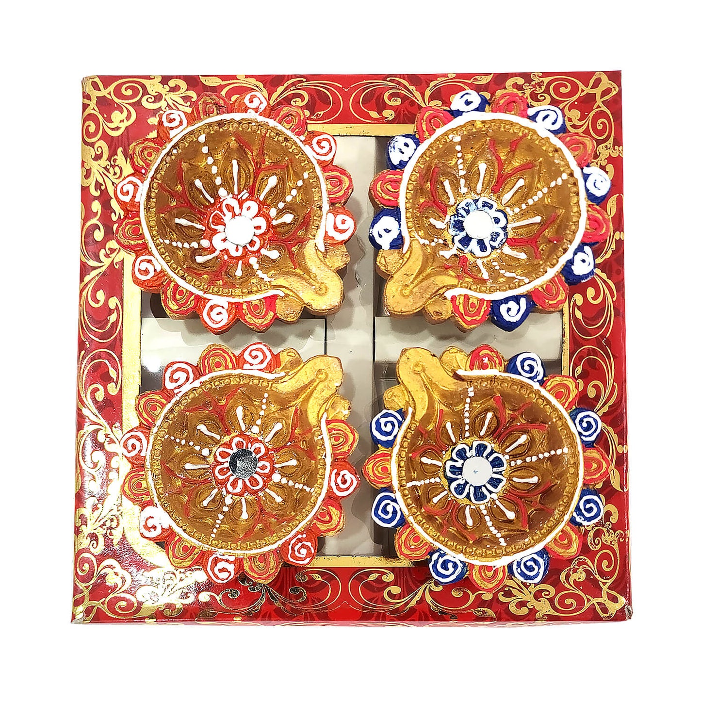 Decorative items in a red box with gold and blue designs