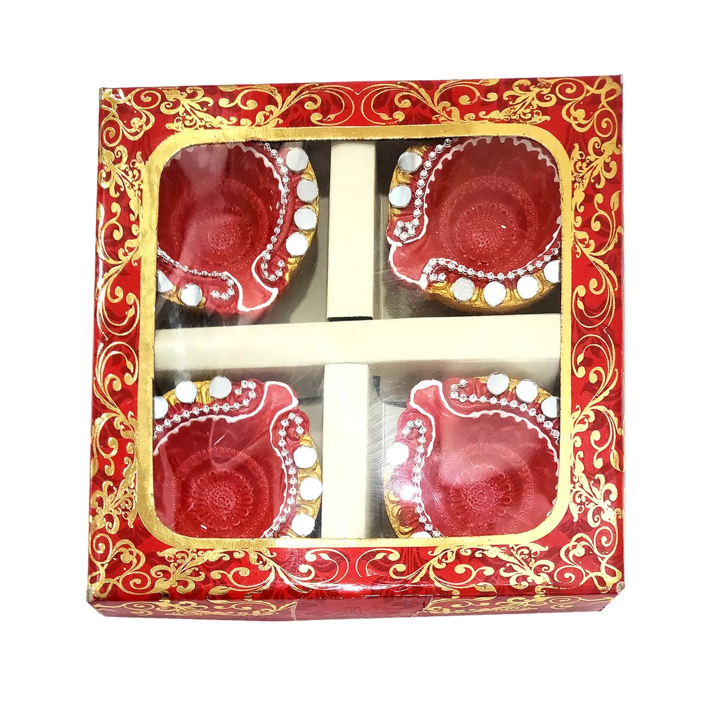 Red and gold decorative box with four red items inside on a white background
