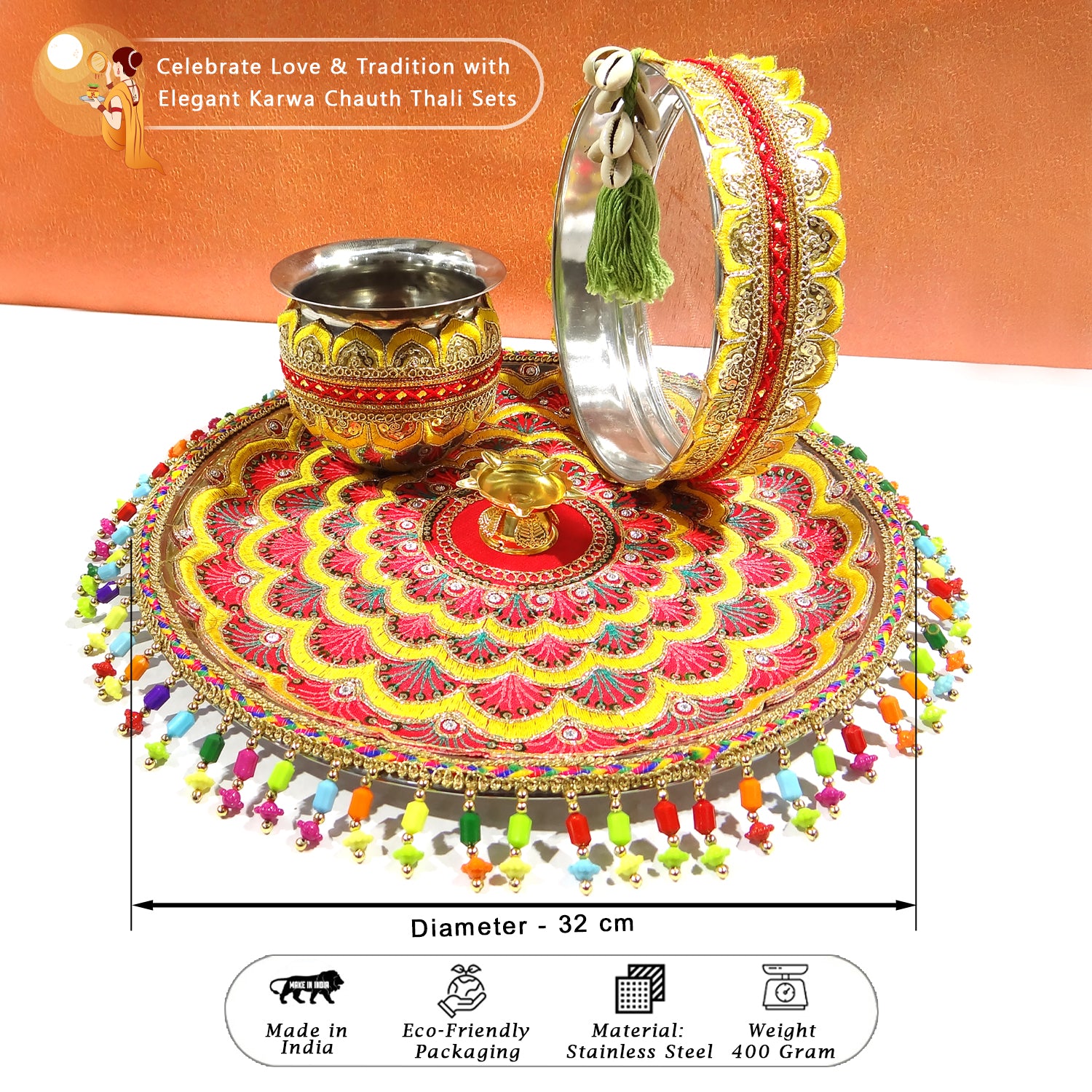 Decorative Karva Chauth thali set with colorful design and measurements on an orange background.