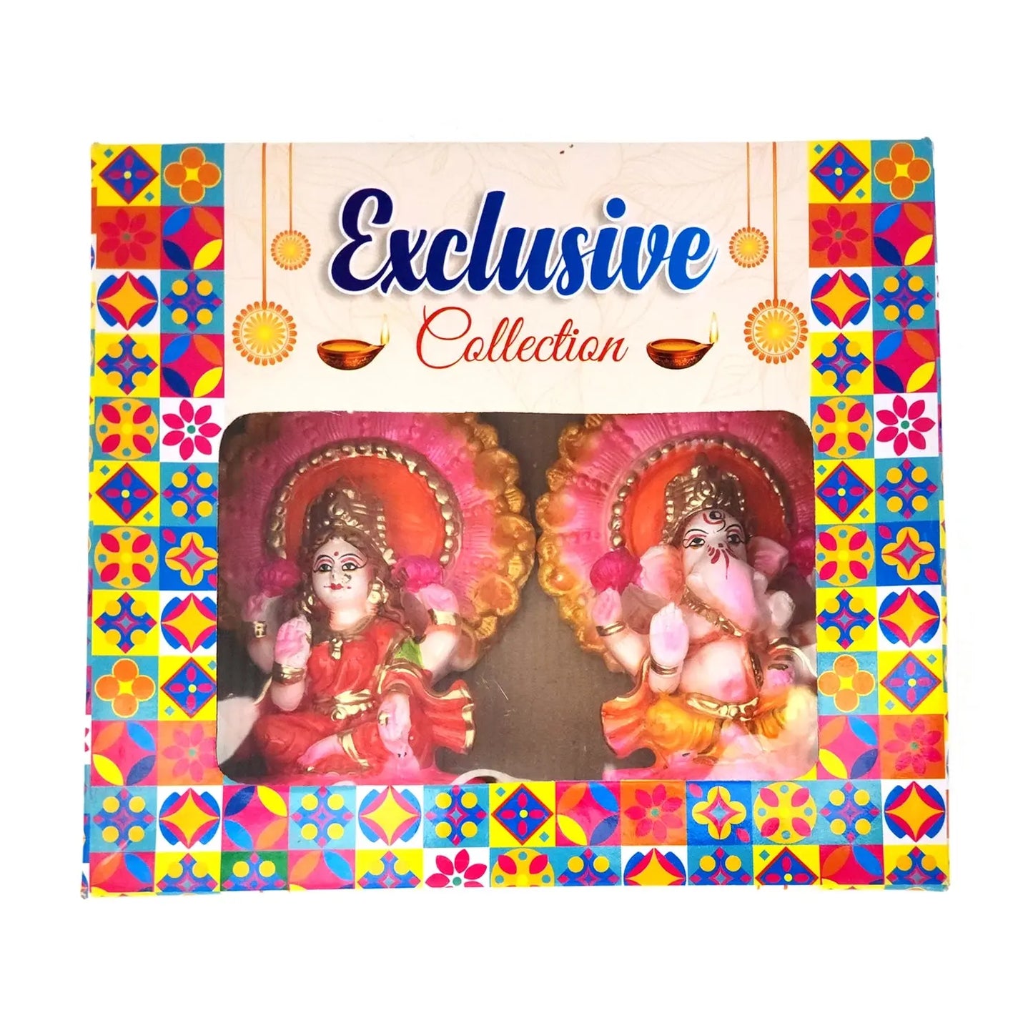 Decorative box with colorful patterns and images of deities on a white background