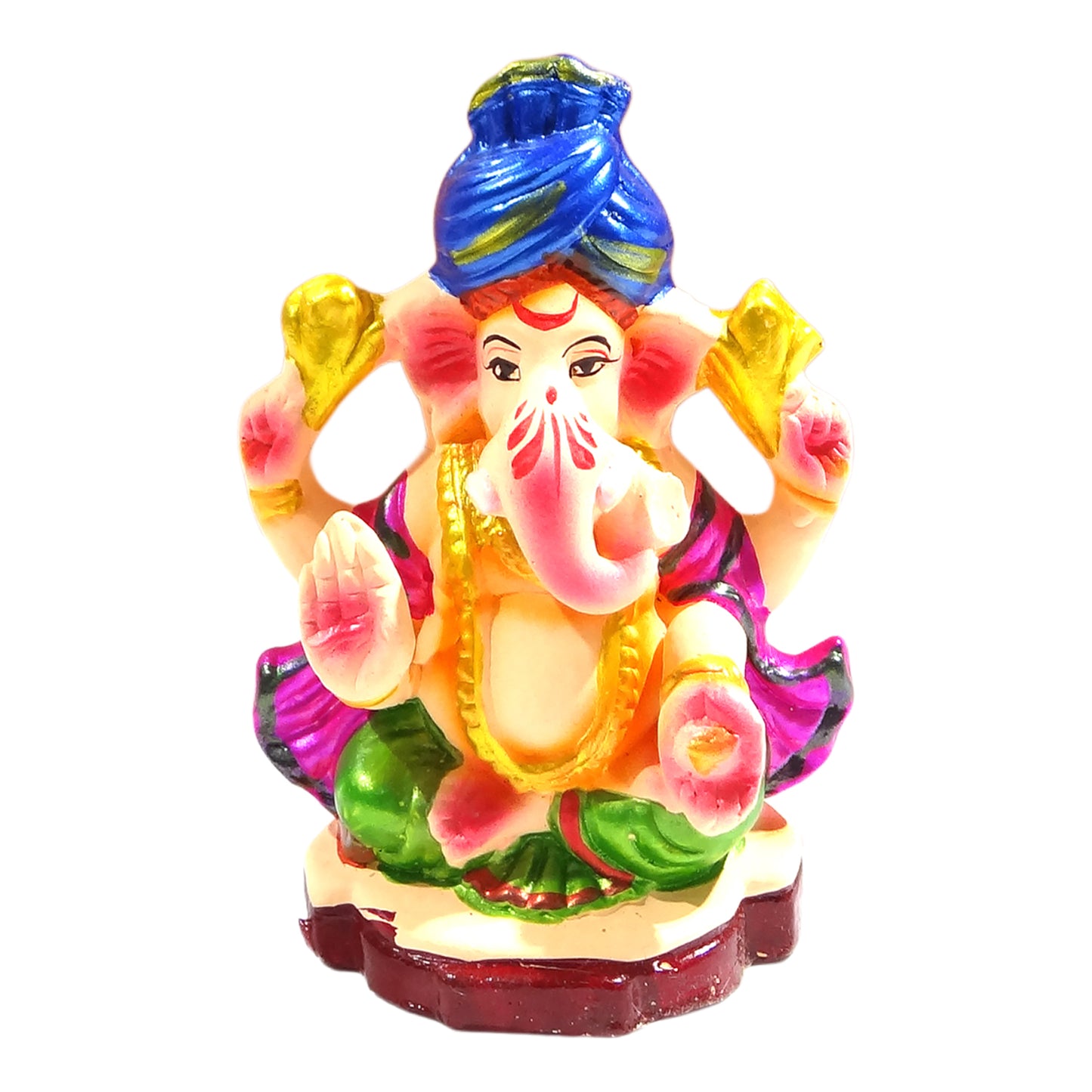Colorful statue of a deity with a blue turban on a white background