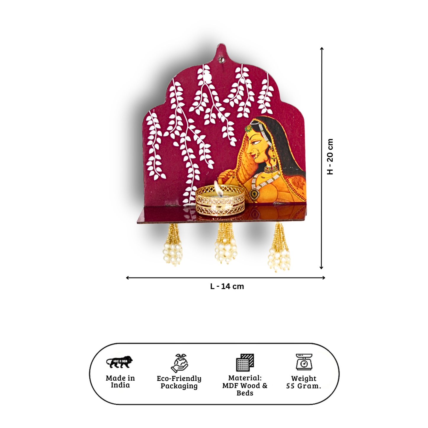 Decorative wall shelf with a woman's face design and measurements on a white background