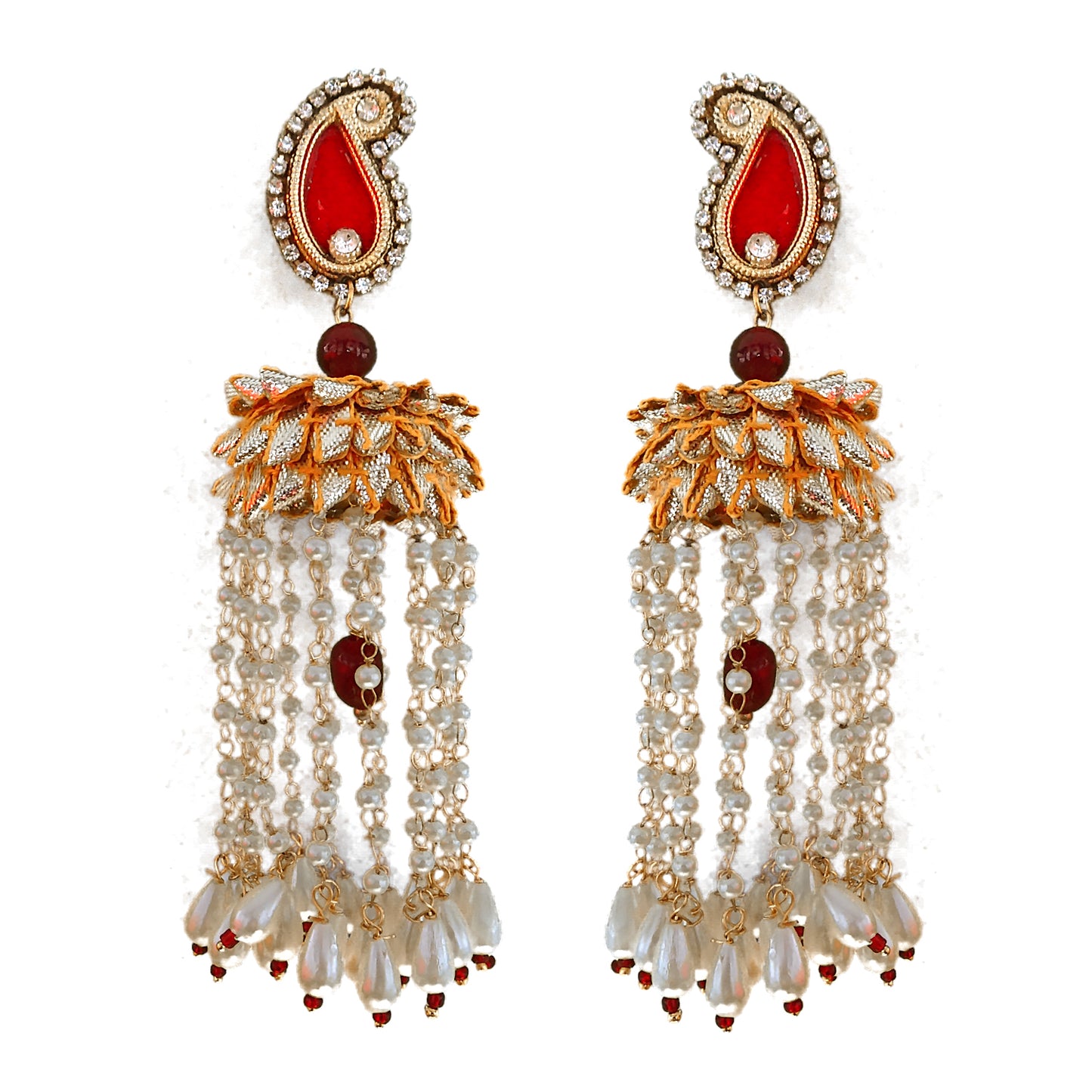 Ornate earrings with red and gold accents on a white background