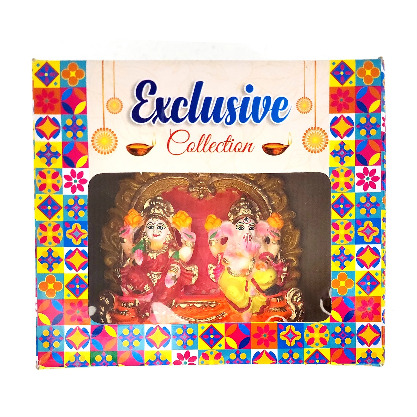 Decorative box with colorful border featuring images of deities and 'Exclusive Collection' text.