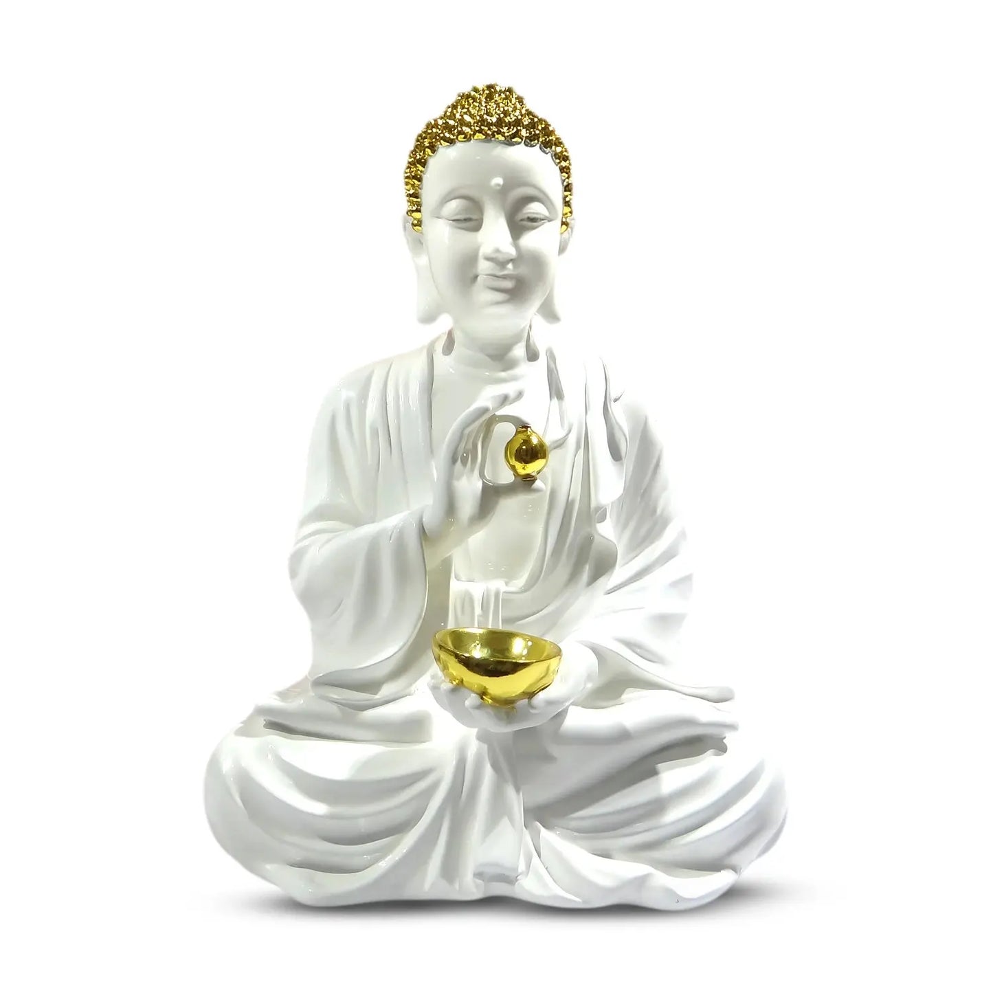 White statue of a seated figure with gold accents on a white background