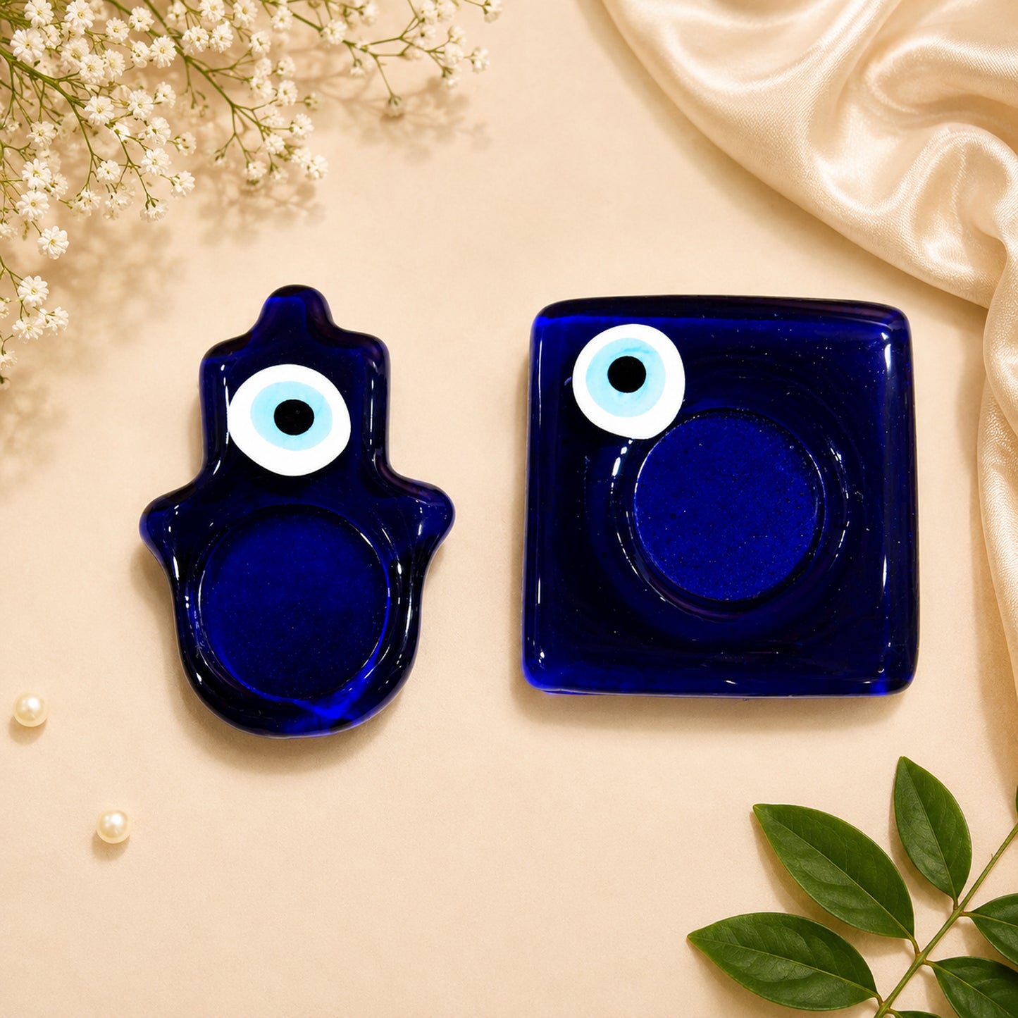 Blue Evil Eye Reiki T-Light Candle Holder Set of 2 for Home, Pooja & Gifting By Upharkaro