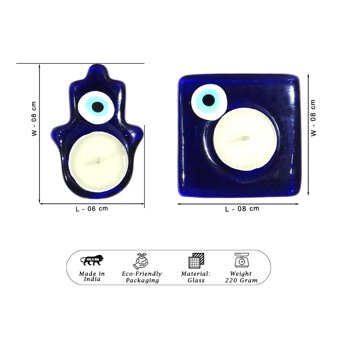 Two blue glass candle holders with evil eye design, showing dimensions and product details.