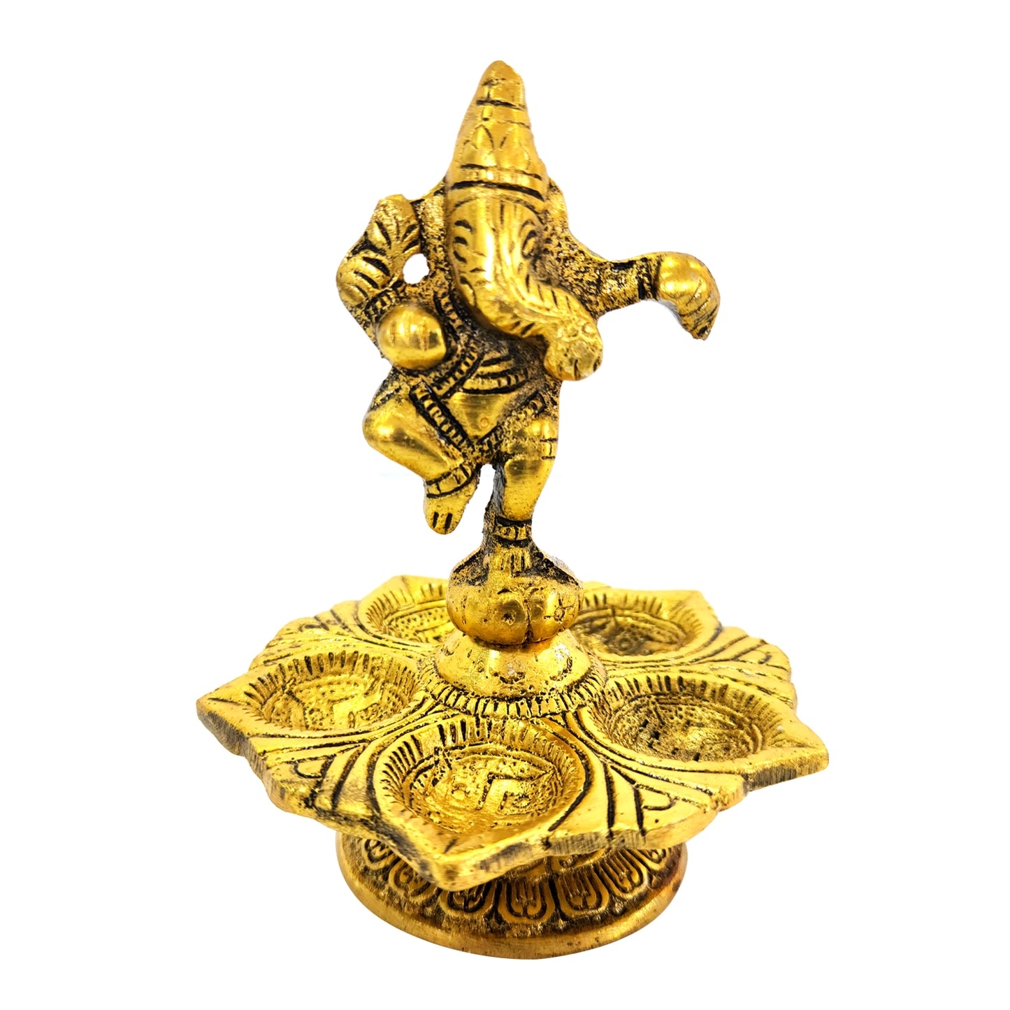 Gold-colored elephant statue on a decorative platform with intricate designs