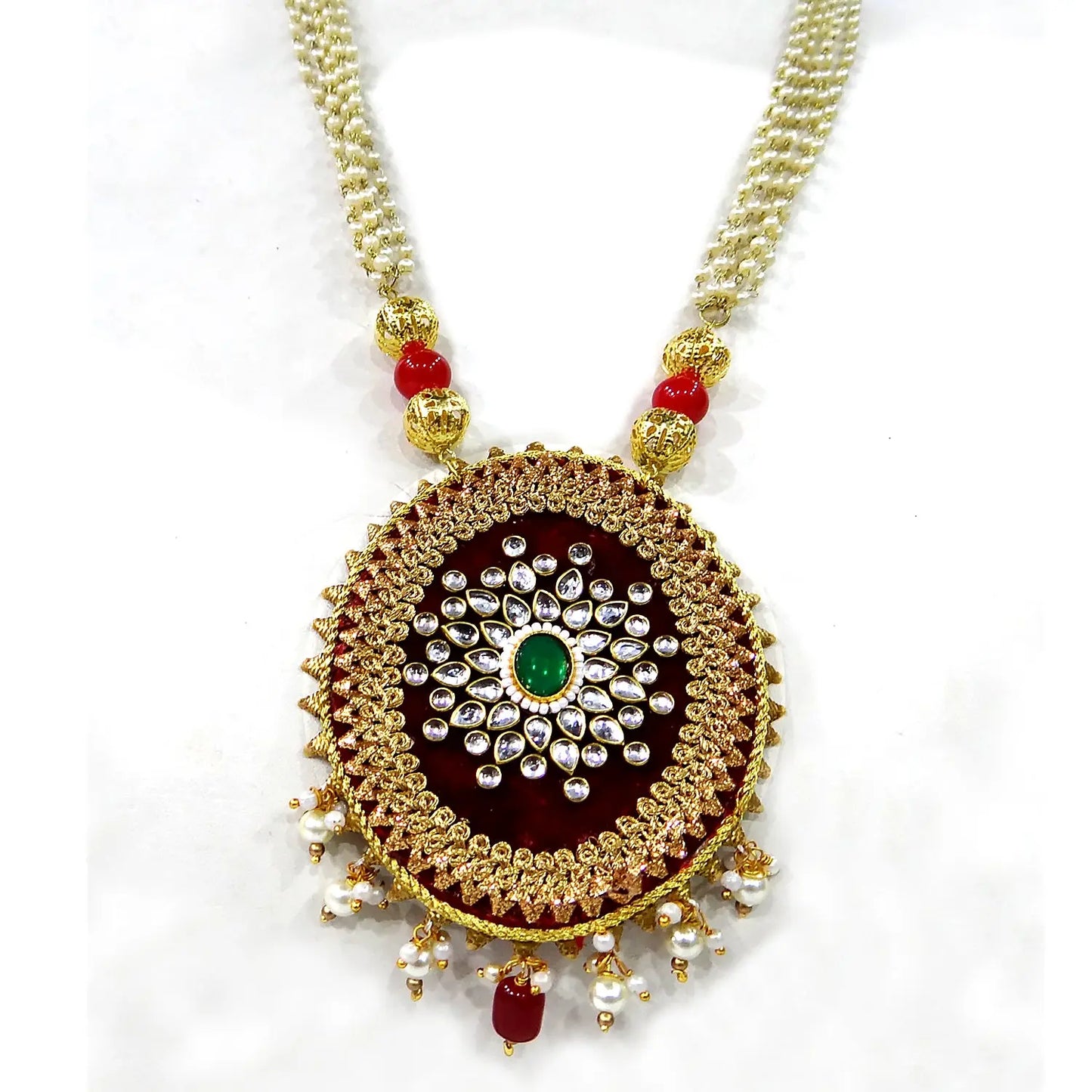 Decorative necklace with gold pendant on a white background