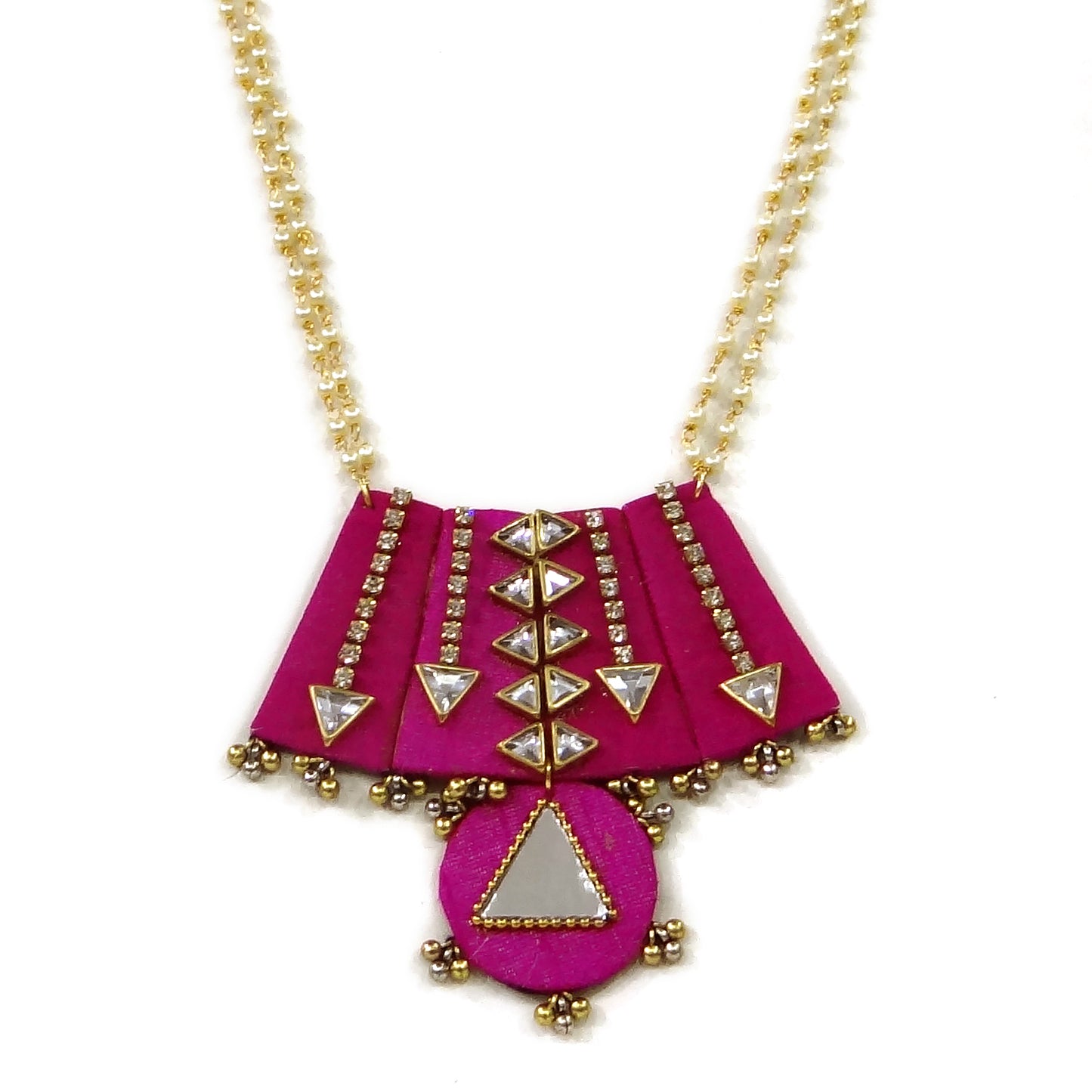 Necklace with pink geometric pendant on a white background