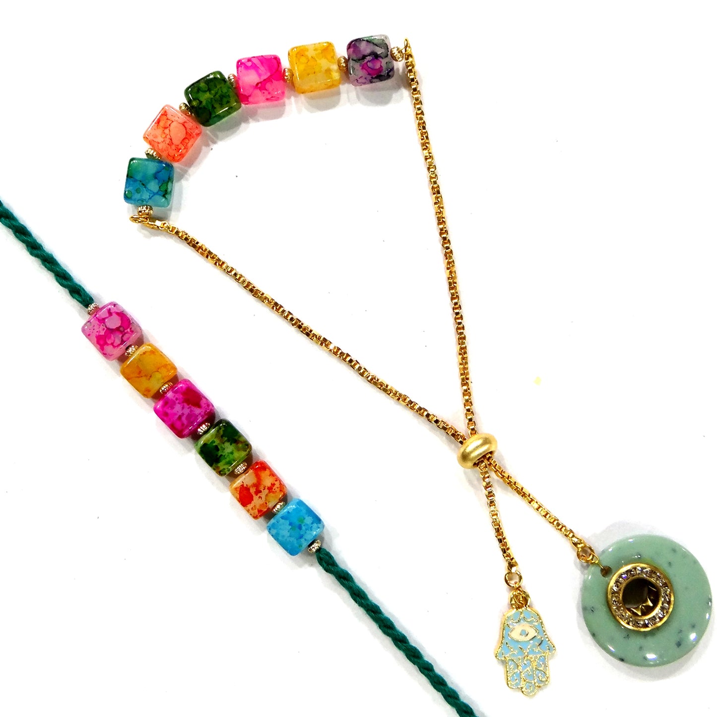 Rainbow Beads Designer Bhaiya-Bhabhi Lumba Rakhi Set with Unicorn Charm & Adjustable Bracelet Style