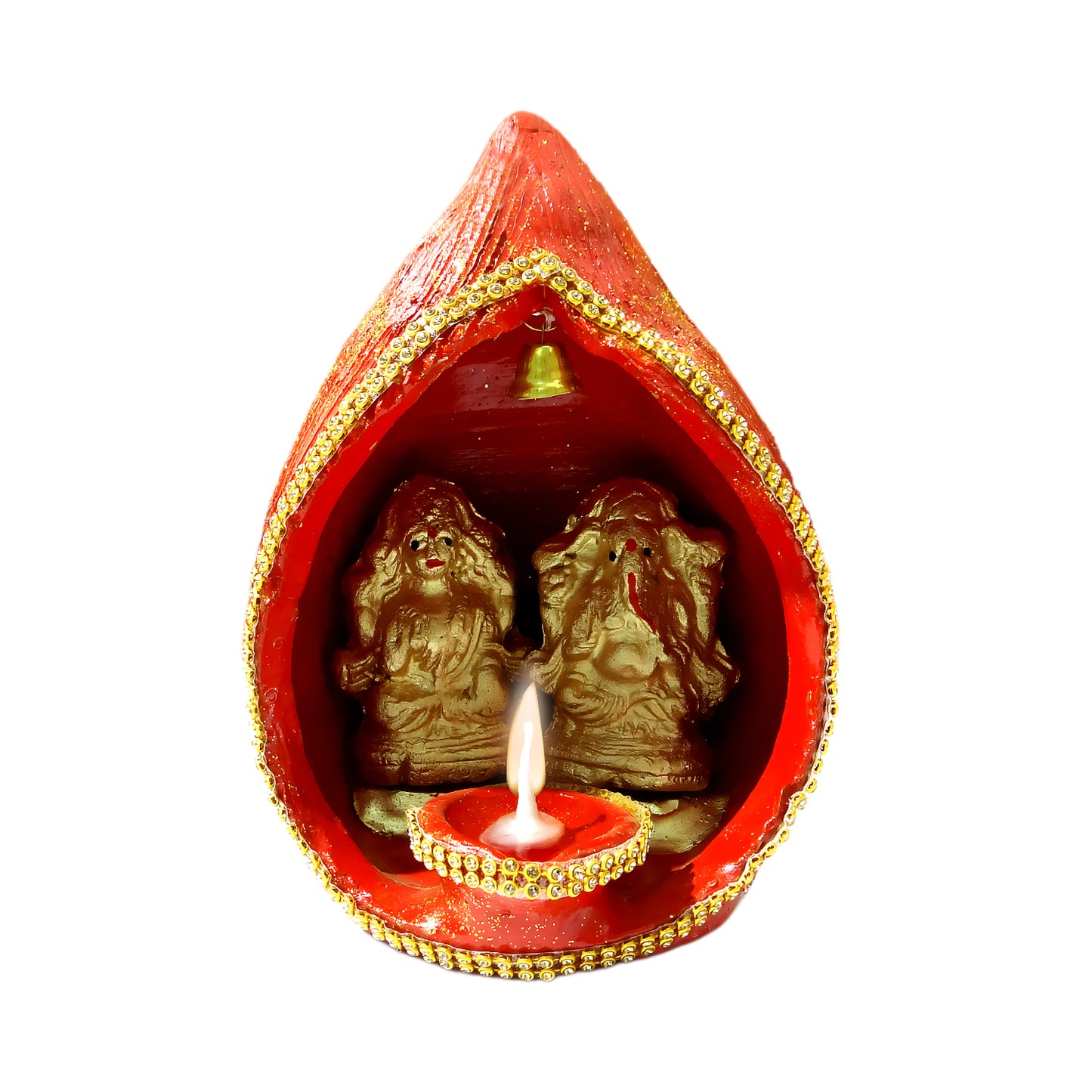 Decorative red shrine with gold accents containing statues and a lit candle on a white background