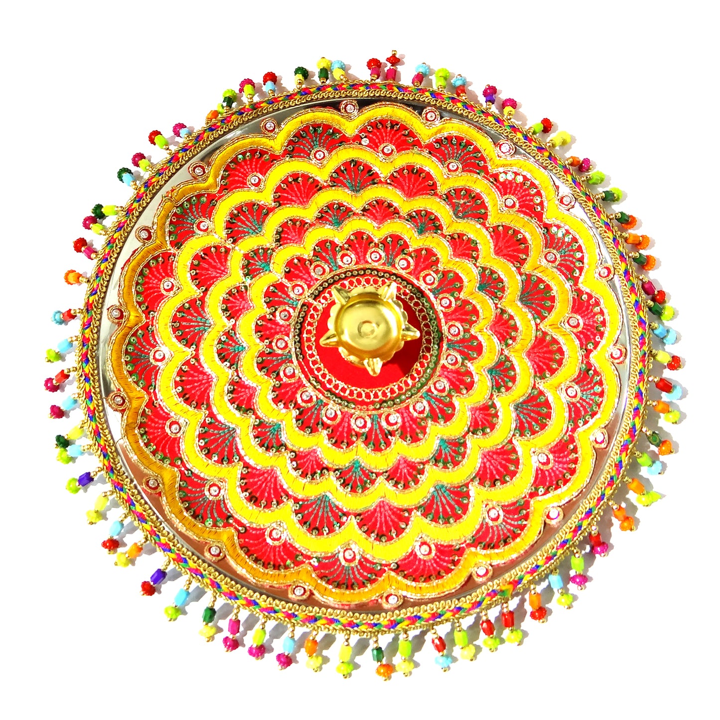 Colorful circular rangoli design with a central star, surrounded by smaller floral patterns on a white background.