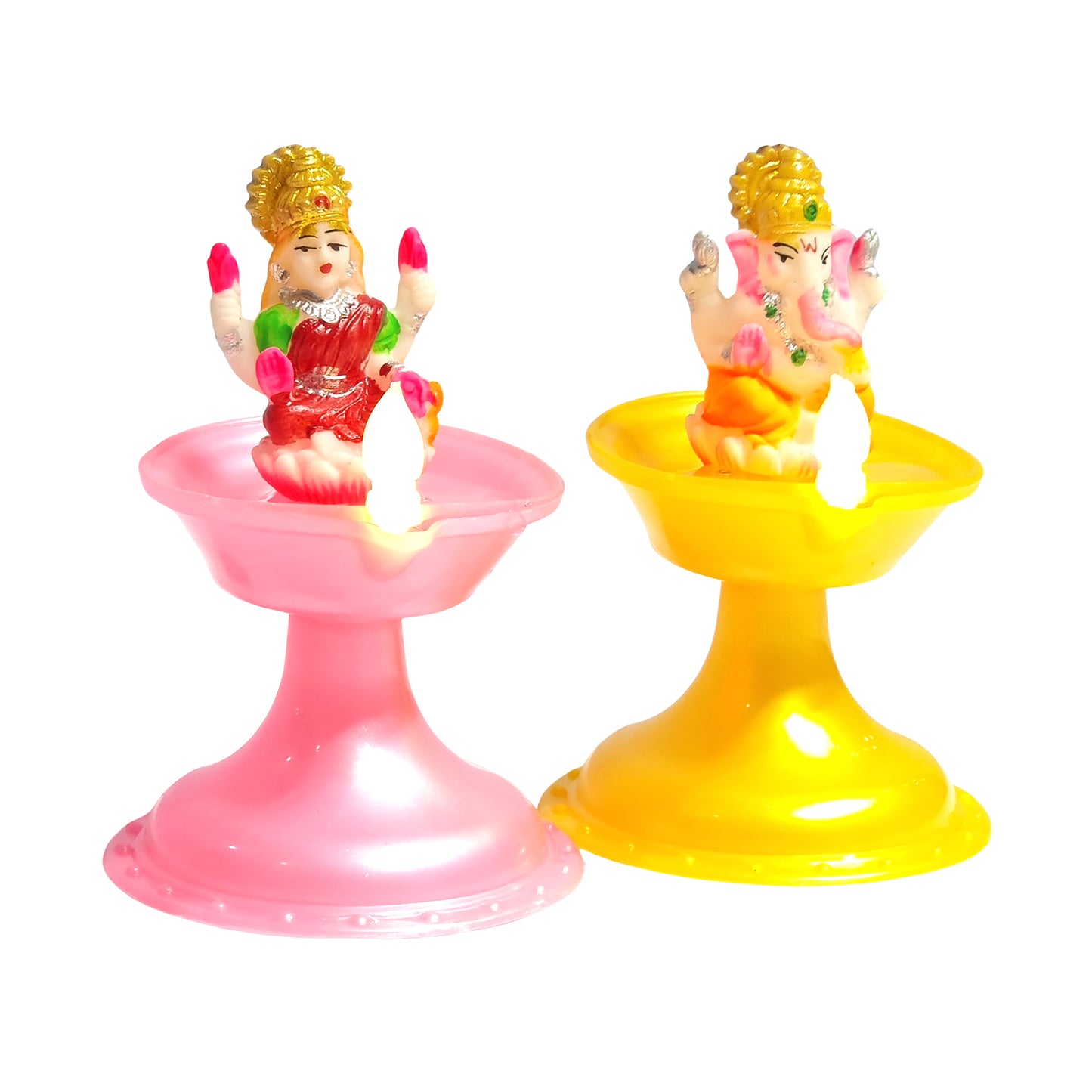 Two colorful figurines on pink and yellow stands against a white background, Water Sensor Laxmi ganesh Diya.