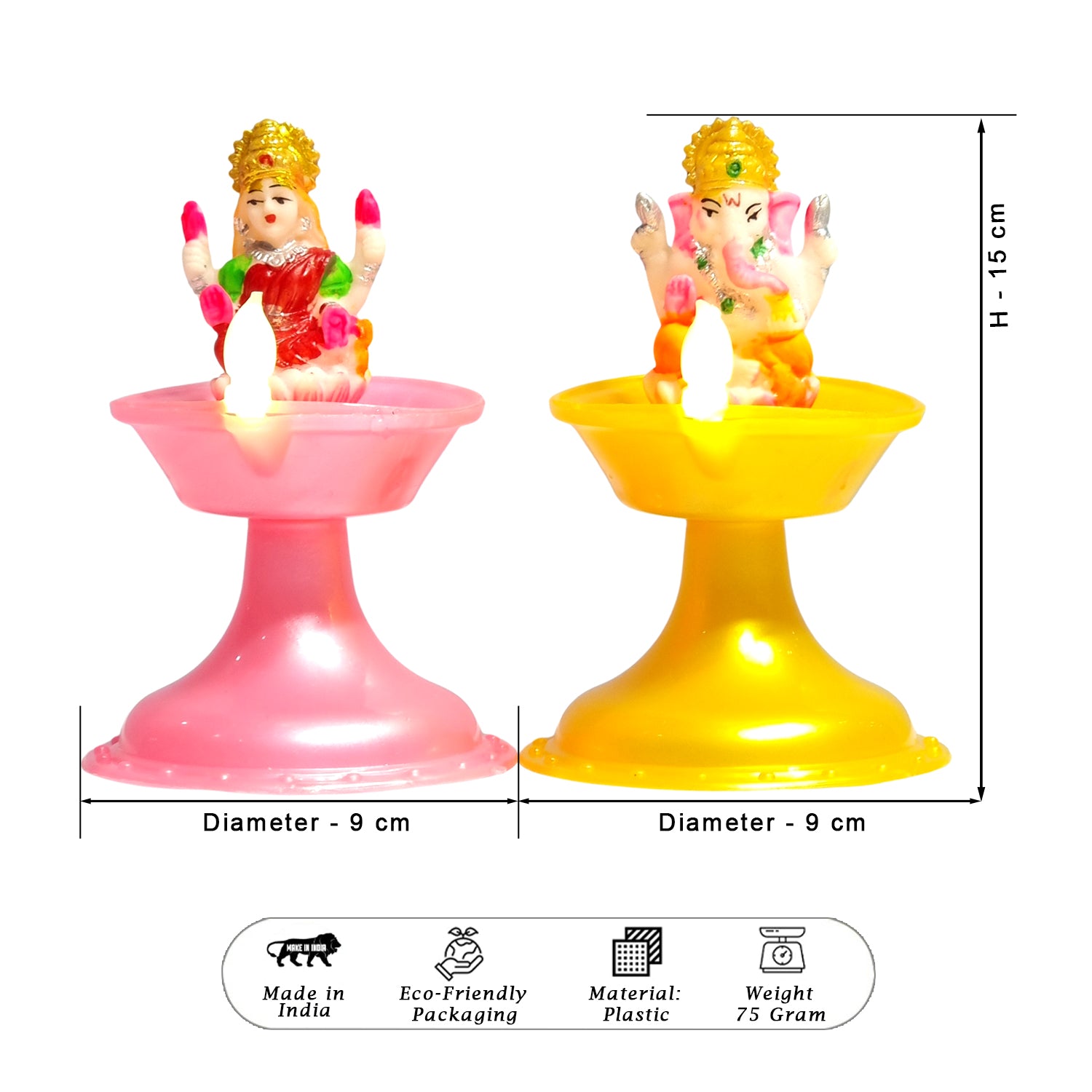 Two colorful figurines on stands with dimensions and product details on a white background. Water Sensor Laxmi ganesh Diya.