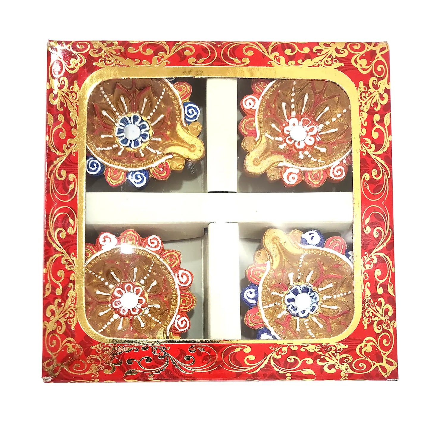 Decorative items in a red and gold box with intricate patterns