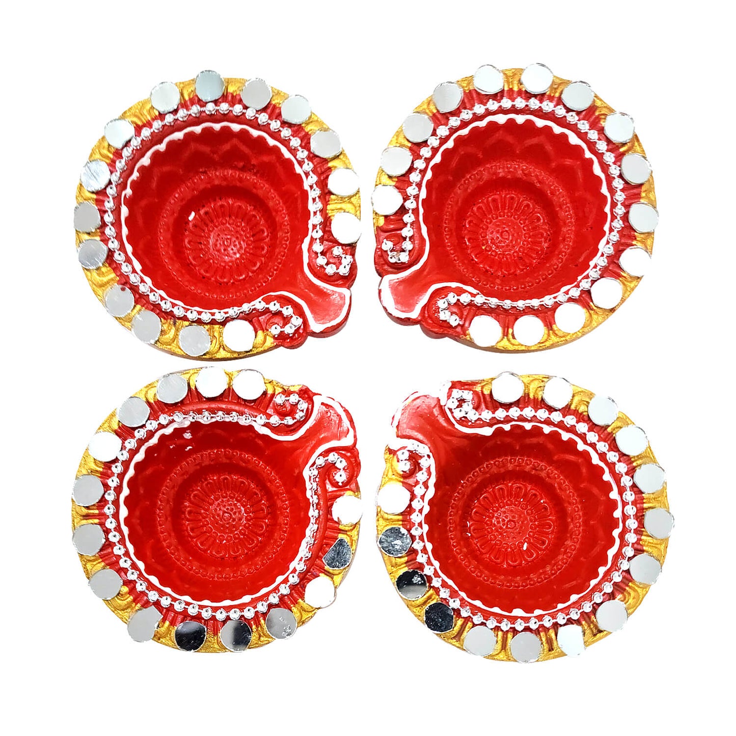 Four red decorative items with gold and white accents on a white background