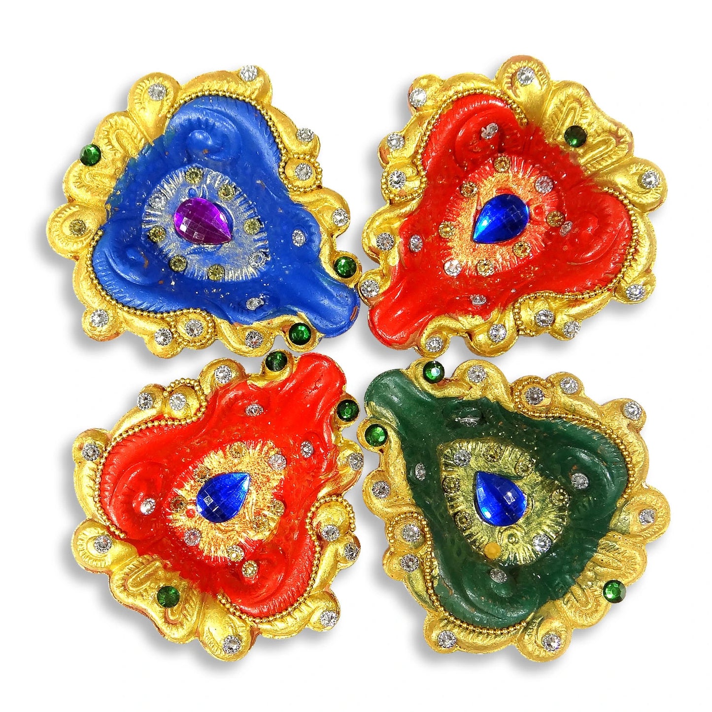 Four colorful decorative items with gold frames on a white background