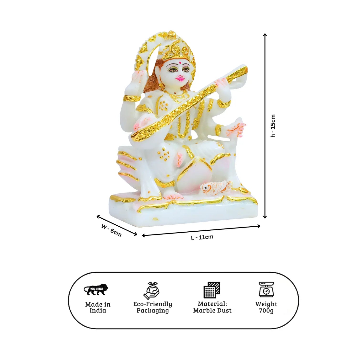 Decorative statue with dimensions and product details on a white background