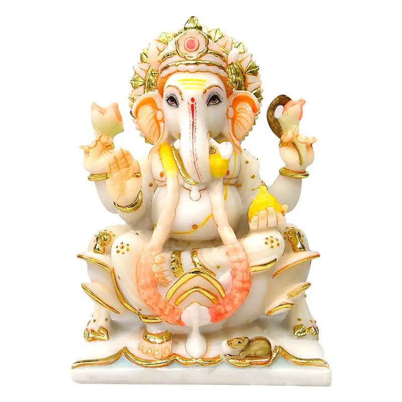 Decorative statue of a deity with gold and pink accents on a white background