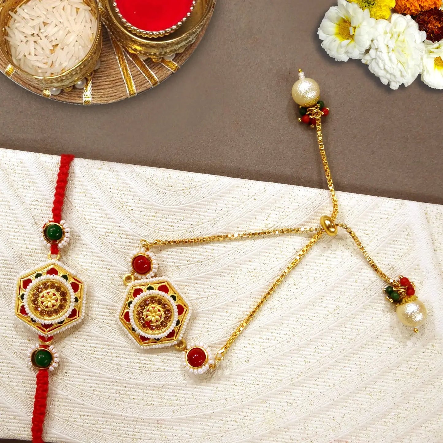 Multi-Colour Pearl Lumba Rakhi for Bhabhi โ Designer Bhaiya Bhabhi Rakhi Combo by Upharkaro-Upharkaro