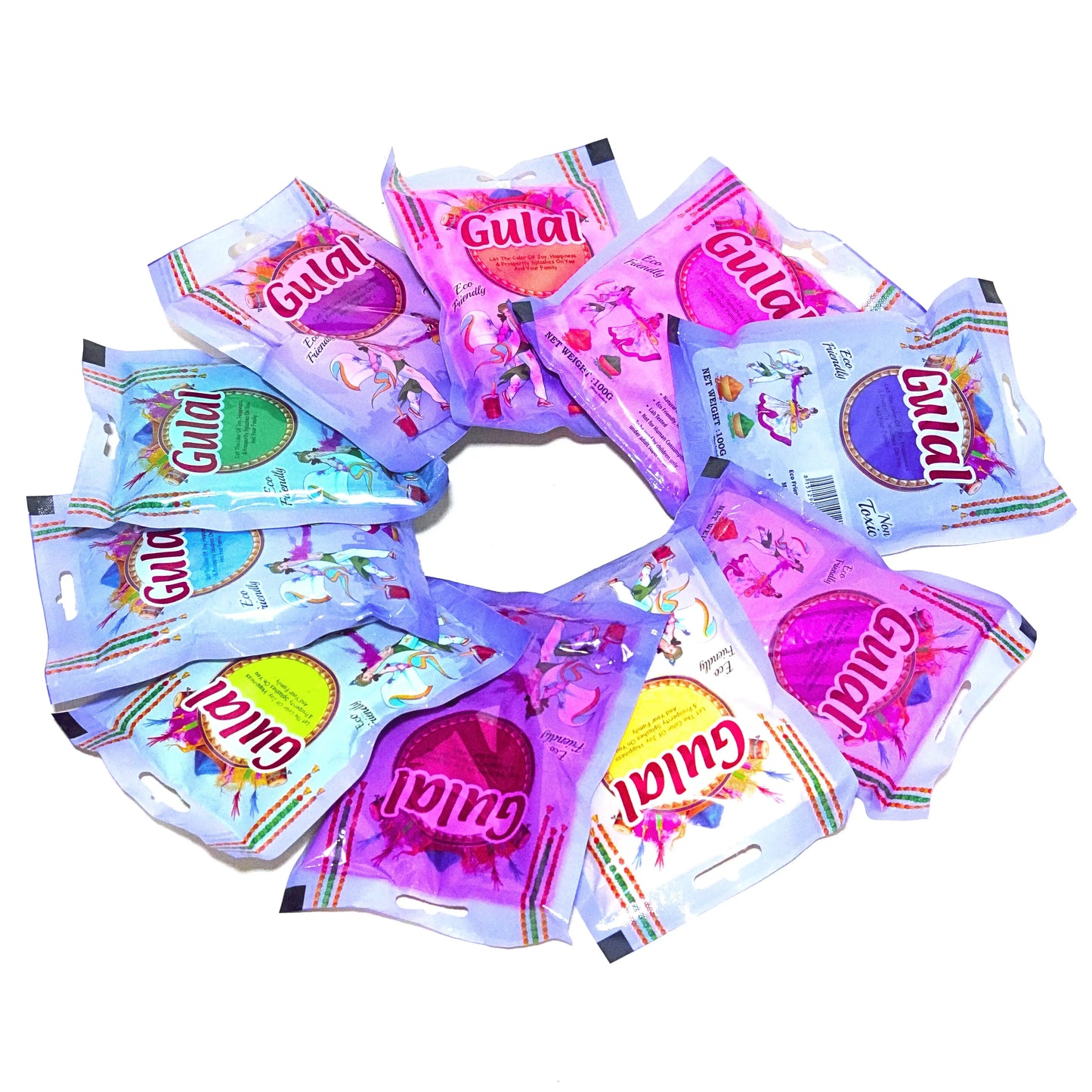 Circular arrangement of colorful 'Gulal' packets on a white background