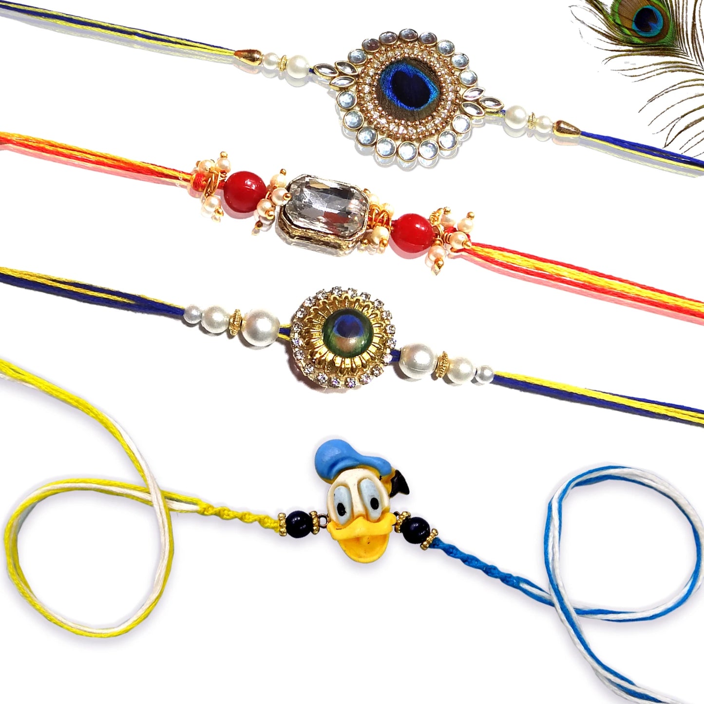 Royal Rakhi Set with Peacock Rakhi, Pearl Rakhi & Kids Rakhi – Combo of 4 for Brothers | Upharkaro-Upharkaro