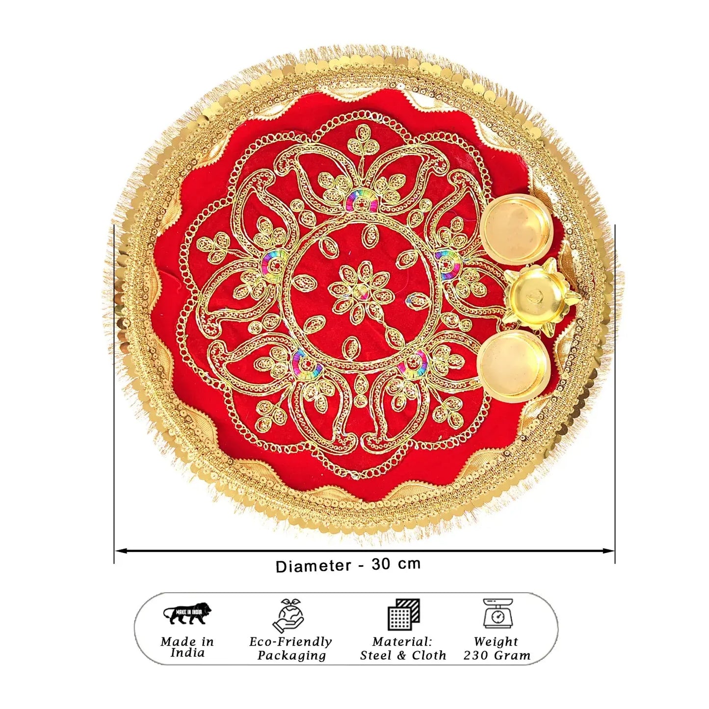 Decorative plate with gold patterns on a red background, showing measurements and product details.