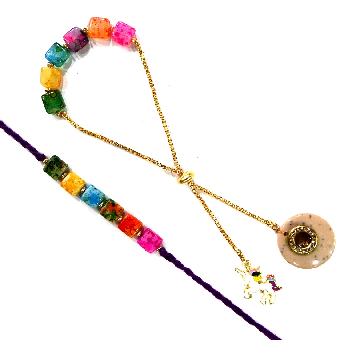 Rainbow Beads Designer Bhaiya-Bhabhi Lumba Rakhi Set with Unicorn Charm & Adjustable Bracelet Style (Puple) By Upharkaro