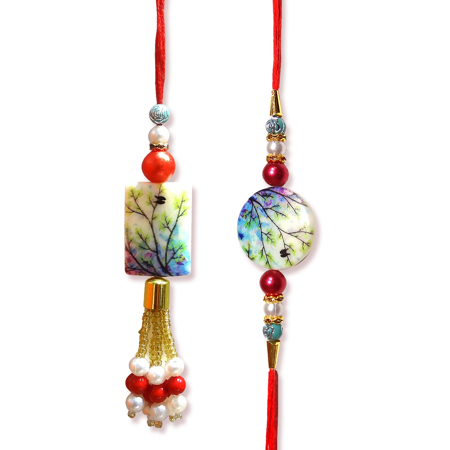 Designer Artistic Bhaiya Bhabhi Rakhi Set with Printed Stone & Beaded Lumba | Raksha Bandhan Special
