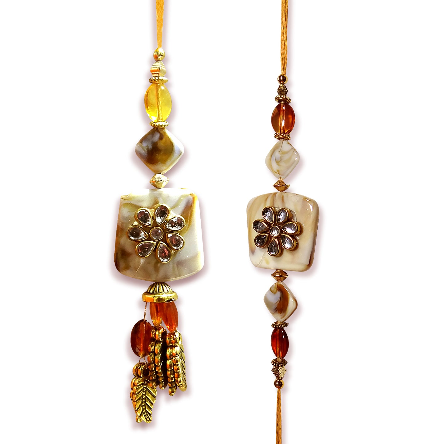 Exquisite Bhaiya-Bhabhi Lumba Rakhi Set with Kundan Flower Design & Golden Tassels By Uphakaro