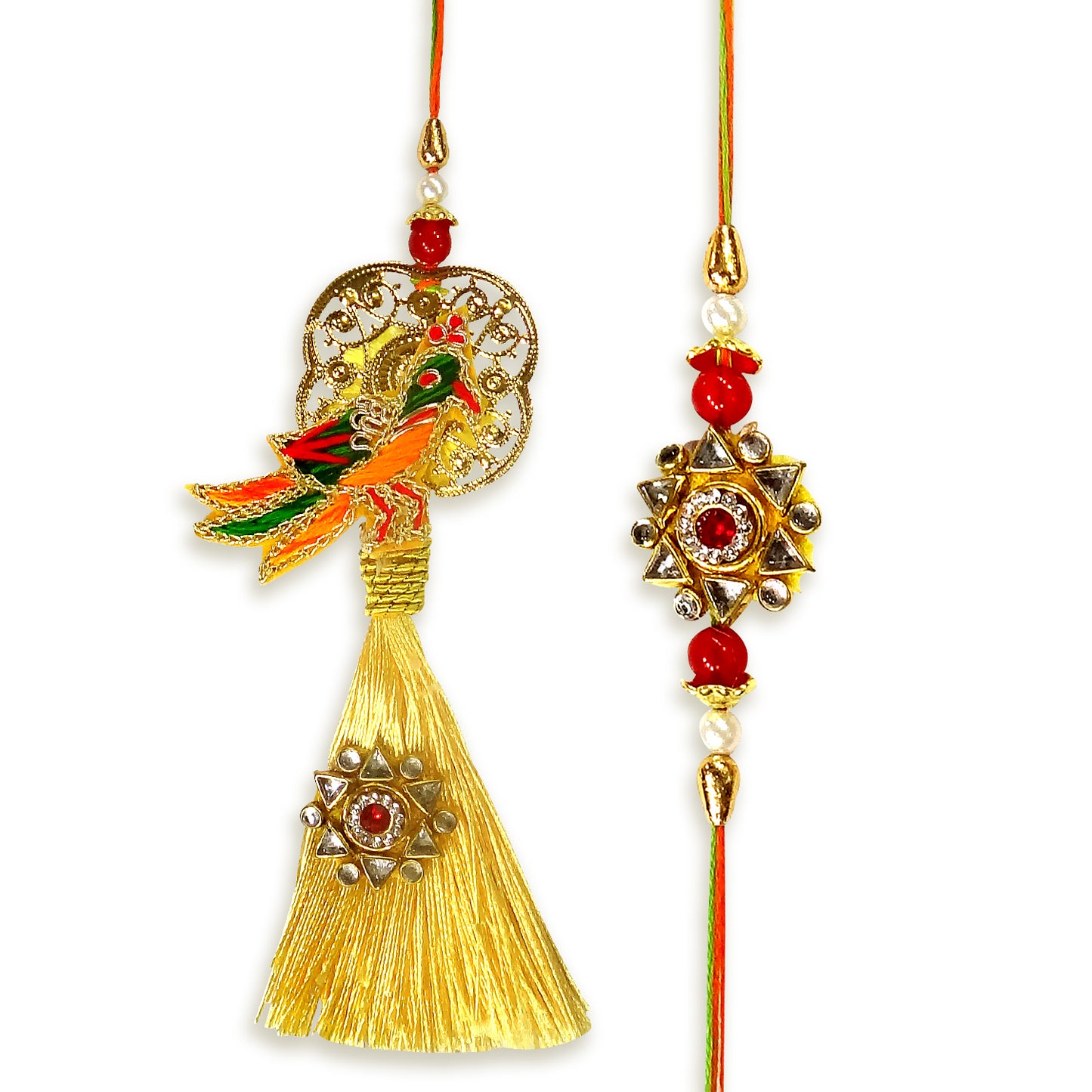 Royal Parrot Designer Bhaiya Bhabhi Lumba Rakhi Set with Golden Tassel Festive Gift for Rakhi By Upharkaro