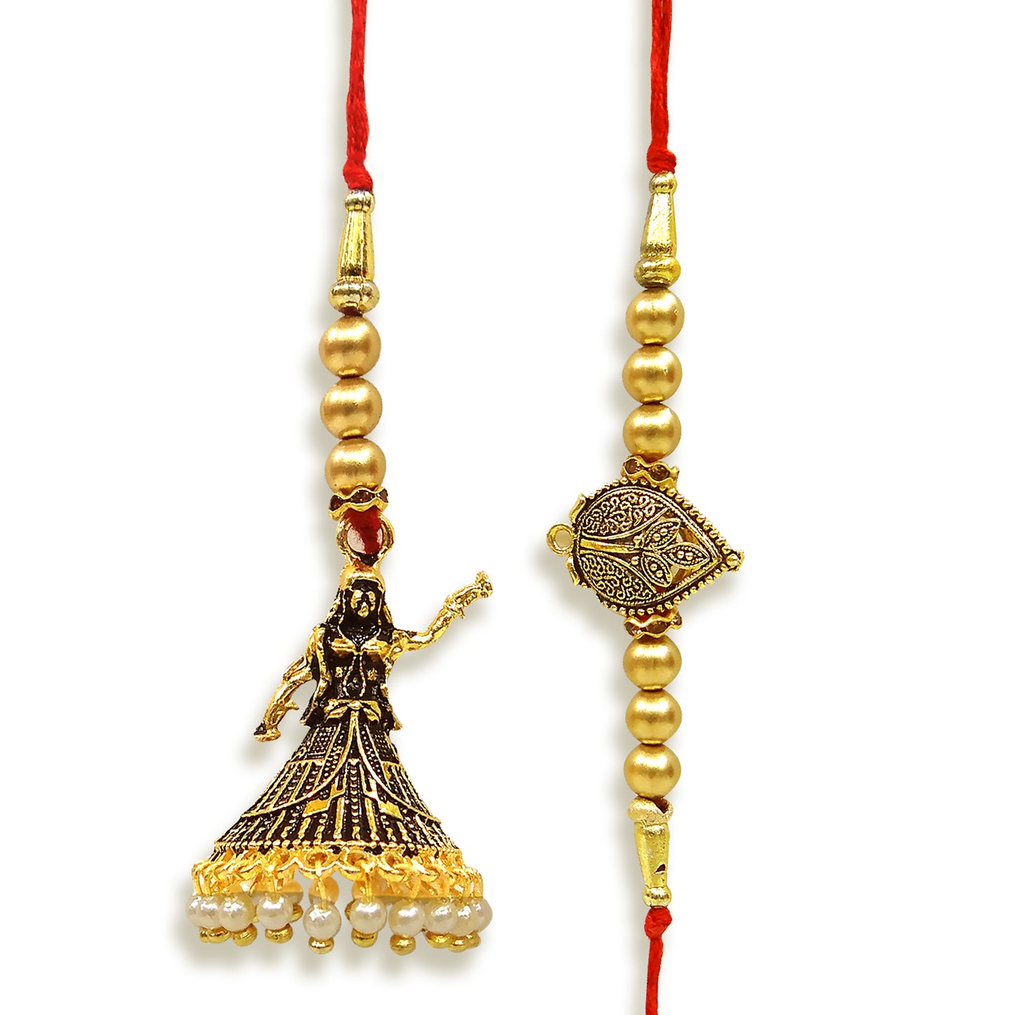 Royal Golden Dancing Doll Bhaiya Bhabhi Lumba Rakhi Set with Pearl Tassels & Traditional Designer Beads By Upharkaro