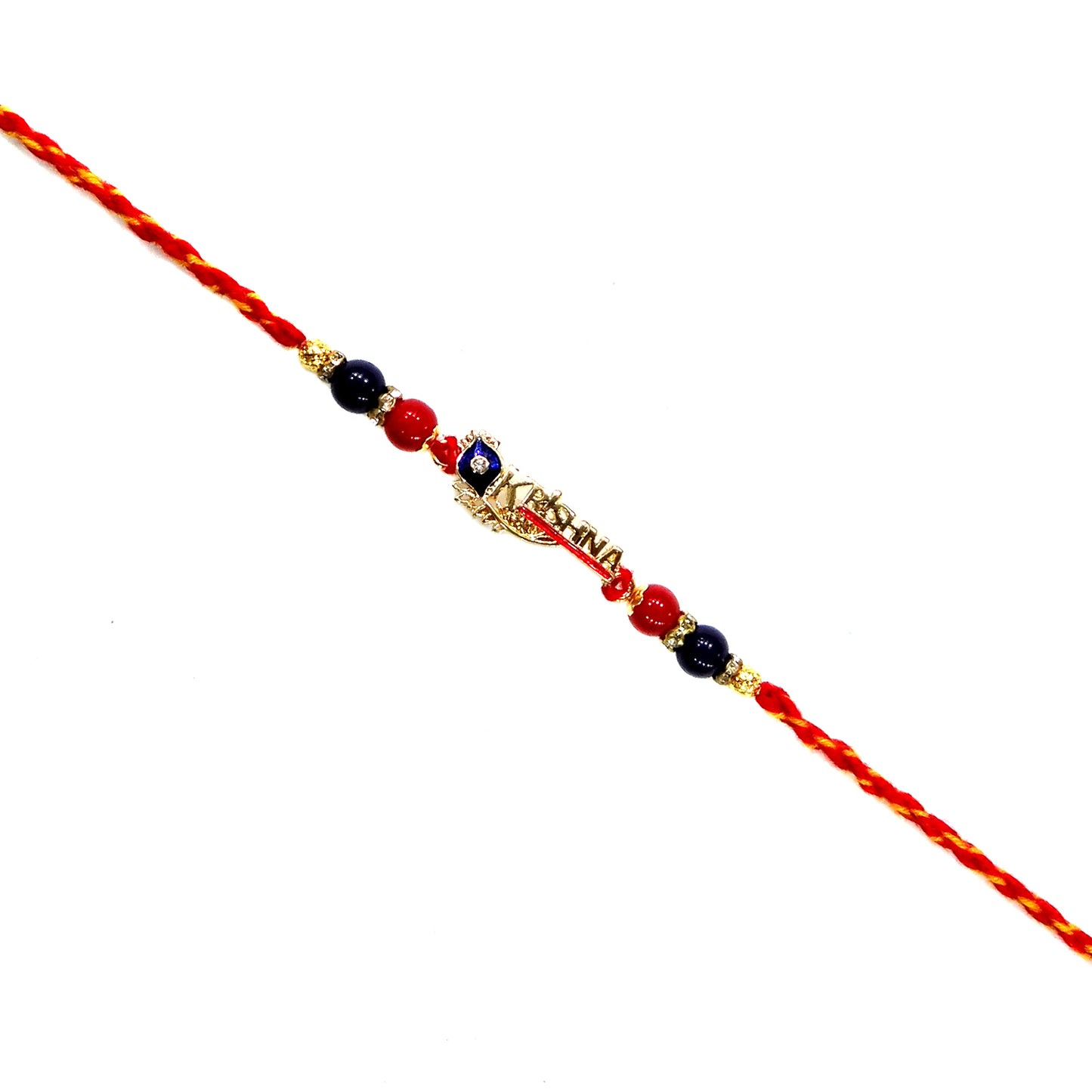 Premium Shri Krishna Name Rakhi with Red & Blue Beads | Designer Rakhi for Bhaiya